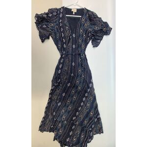 Haute Hippie Tribe Navy Blue Tribal Print Wrap Midi Dress Size Large